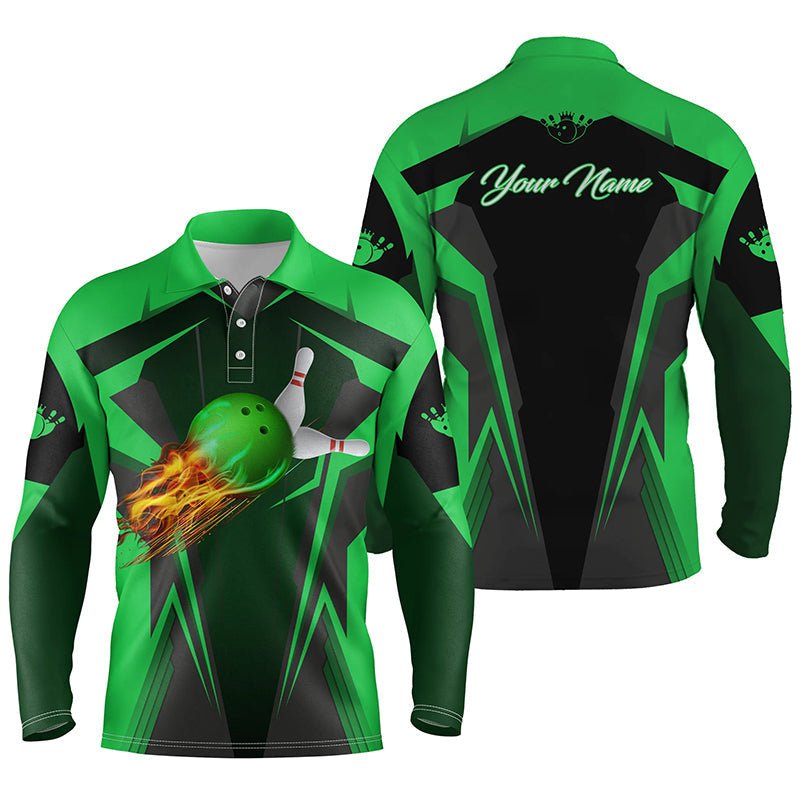 Personalisiertes Herren Bowling Polo Shirt mit Flammen Bowlingkugel und Pins, Bowling Polo für Männer Bowler | Grün - Climcat