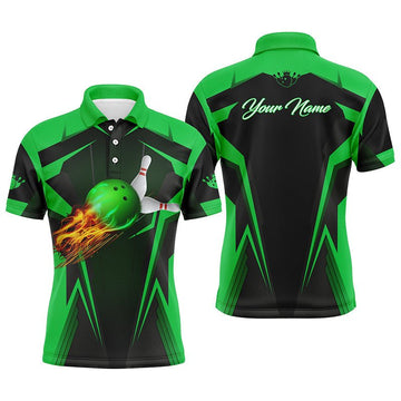 Personalisiertes Herren Bowling Polo Shirt mit Flammen Bowlingkugel und Pins, Bowling Polo für Männer Bowler | Grün - Climcat