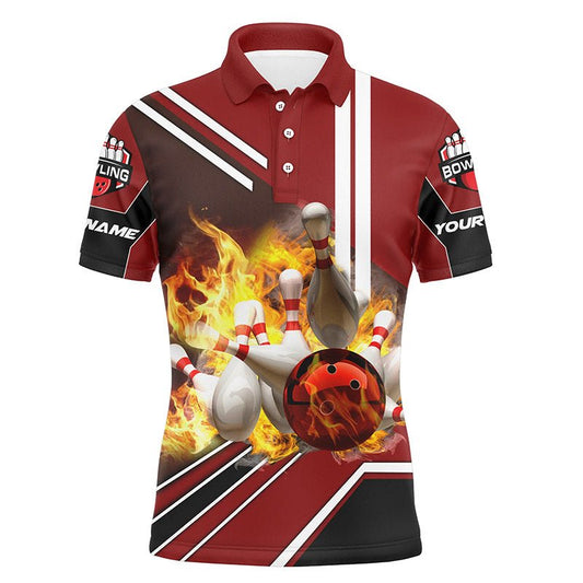 Personalisiertes Herren Bowling Polo Shirt mit Flammen Bowlingkugel und Pins, Bowling Polo für Männer | Rot Q4504 - Climcat