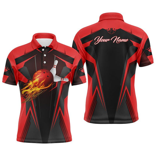 Personalisiertes Herren Bowling Polo Shirt mit Flammen Bowlingkugel und Pins, Bowling Polo für Männer | Rot Q4526 - Climcat