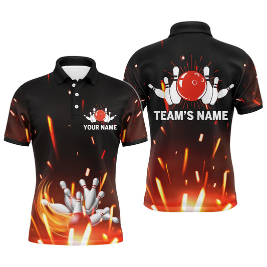 Personalisiertes Herren Bowling Polo Shirt mit Flammen Bowlingkugel und Pins, Kurzarm Polo für Männer Bowler B06 - Climcat