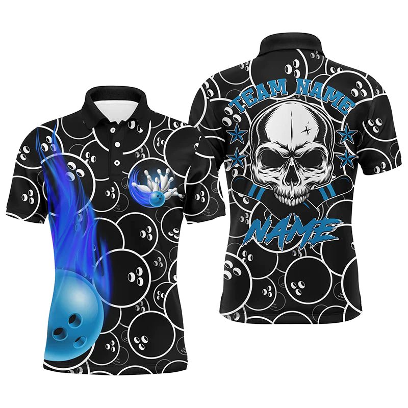 Personalisiertes Herren Bowling Polo Shirt mit Flammenmuster und coolem Totenkopf-Anstecker - Schwarzes Bowling-Kurzarmshirt für Männer - Bowlers B02 - Climcat