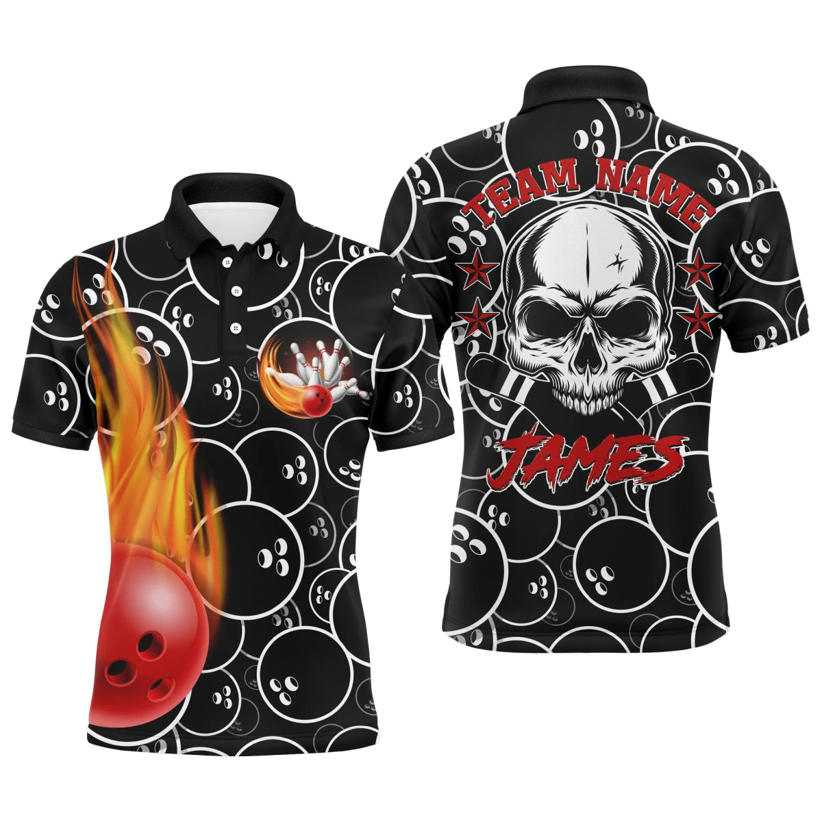 Personalisiertes Herren Bowling Polo Shirt mit Flammenmuster und coolem Totenkopf-Anstecker - Schwarzes Bowling-Kurzarmshirt für Männer - Bowlers B02 - Climcat