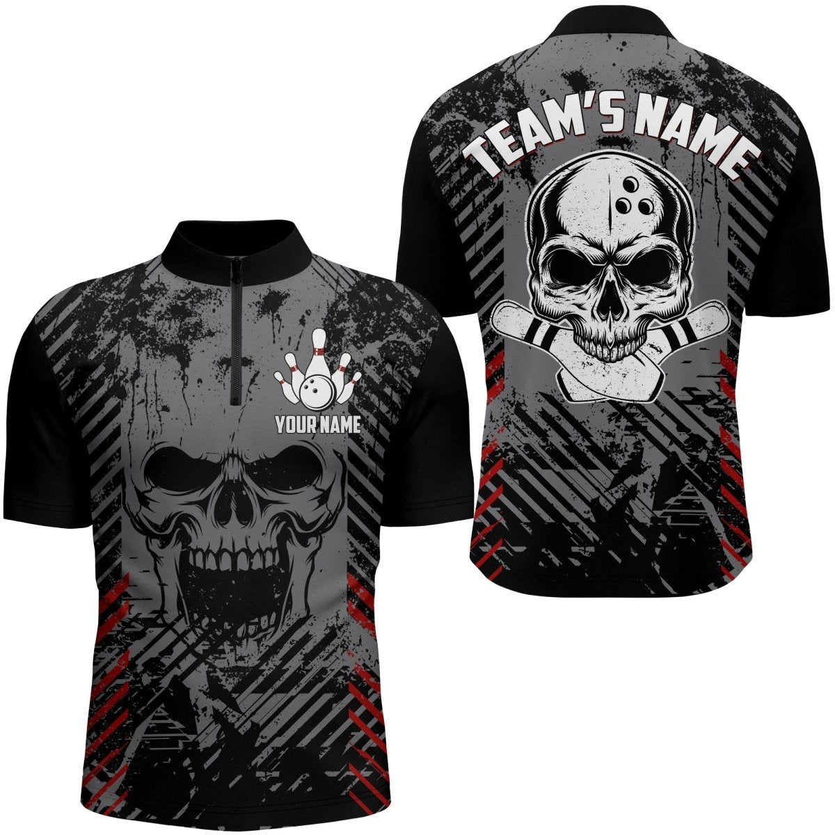 Personalisiertes Herren Bowling-Shirt mit Totenkopf-Motiv, individuell anpassbares Bowling-Team-Namen-Trikot, 1/4 Zip Shirt für die Liga NBZ126 - Climcat