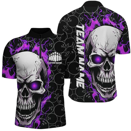 Personalisiertes Herren Bowling-Shirt mit Totenkopf-Motiv, individuell anpassbares Teamname-Flammen-Bowler-Trikot | Lila - Climcat