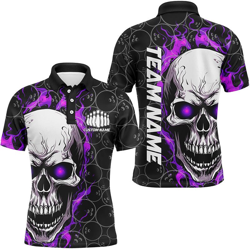 Personalisiertes Herren Bowling-Shirt mit Totenkopf-Motiv, individuell anpassbares Teamname-Flammen-Bowler-Trikot | Lila - Climcat