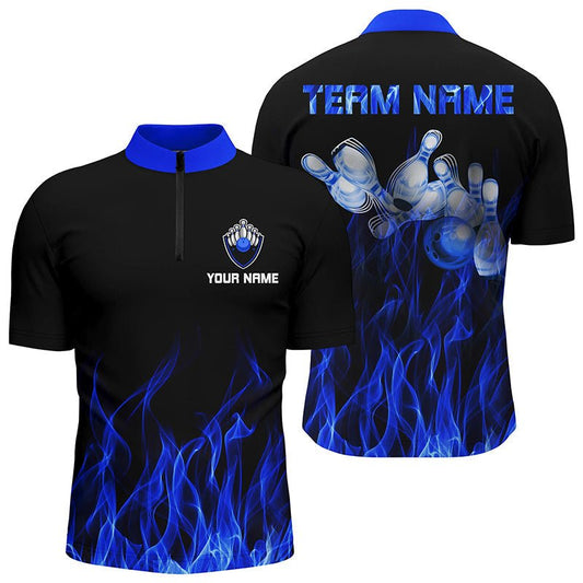 Personalisiertes Herren Bowling Shirt mit Viertelreißverschluss - Blaue Flammen Bowlingkugel und Pins - Bowling Trikot für Bowler Q5488 - Climcat