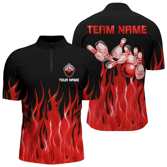 Personalisiertes Herren Bowling Shirt mit Viertelreißverschluss - Rotes Flammenmuster mit Bowlingkugeln und Pins - Q7052 - Climcat