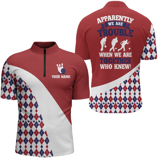 Personalisiertes Herren Bowling Shirt Rot Argyle Bowling Trikot mit Namen Lustige Liga Bowling Viertel-Zip N44 - Climcat