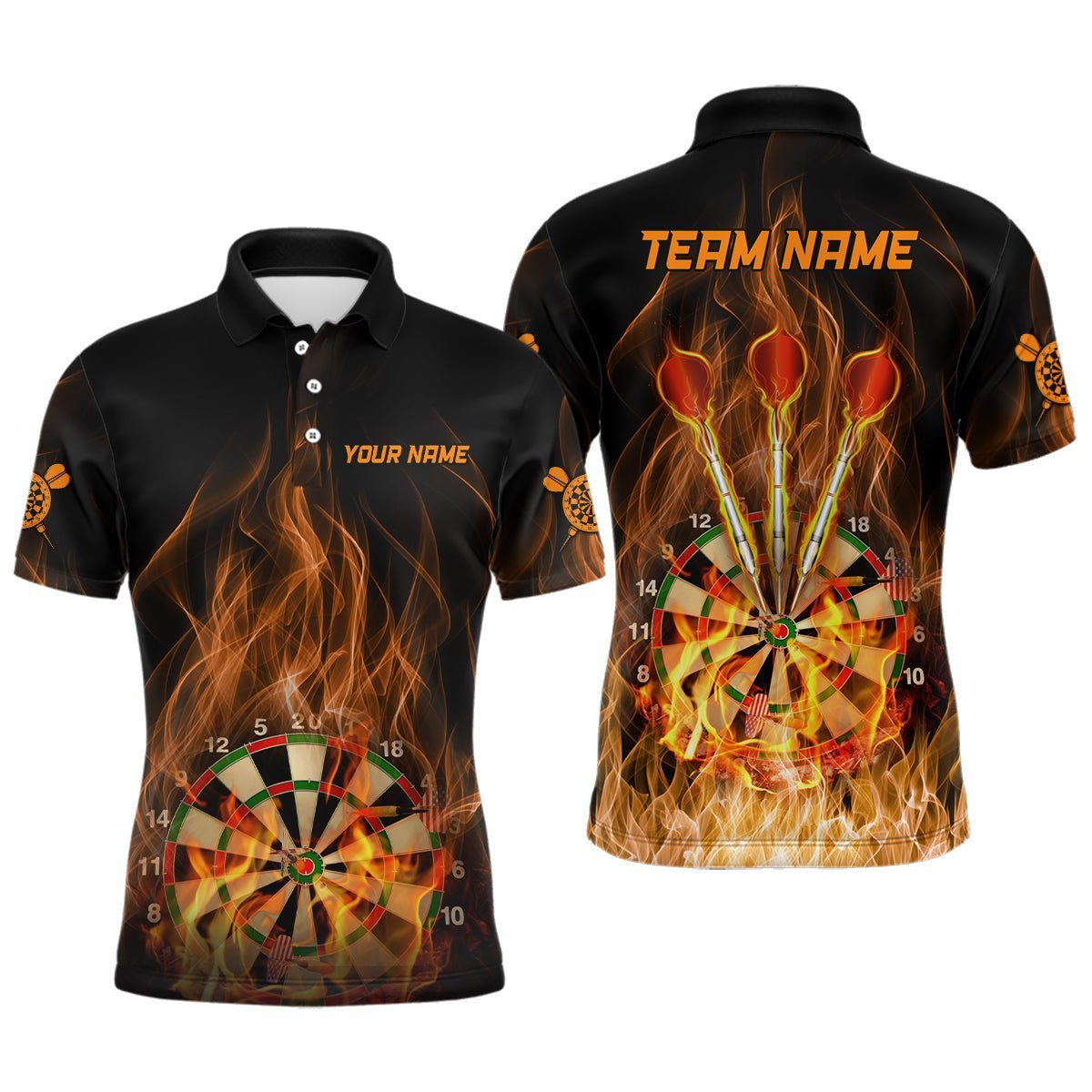Personalisiertes Herren Dart Polo Shirt mit Feuerflammen Dartboard, individuell anpassbare Dartshirts für Männer, Dart Trikots V359 - Climcat