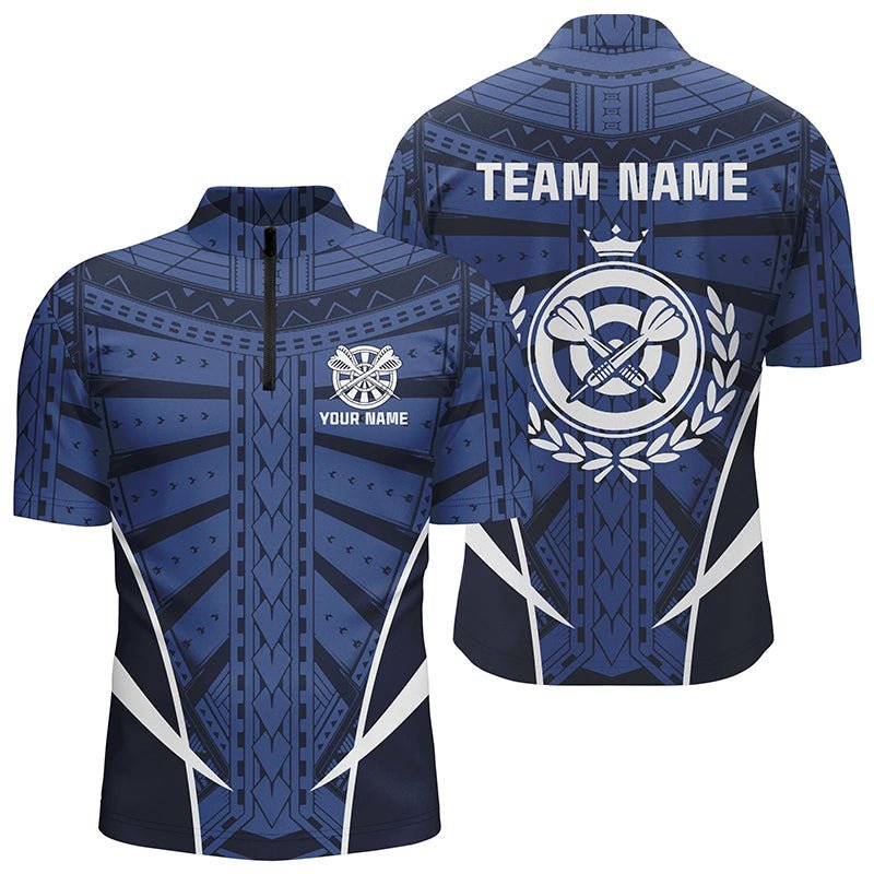 Personalisiertes Herren Dart-Shirt mit blauem Tribal-Muster, individuell anpassbares 1/4 Zip Dart-Trikot A361 - Climcat