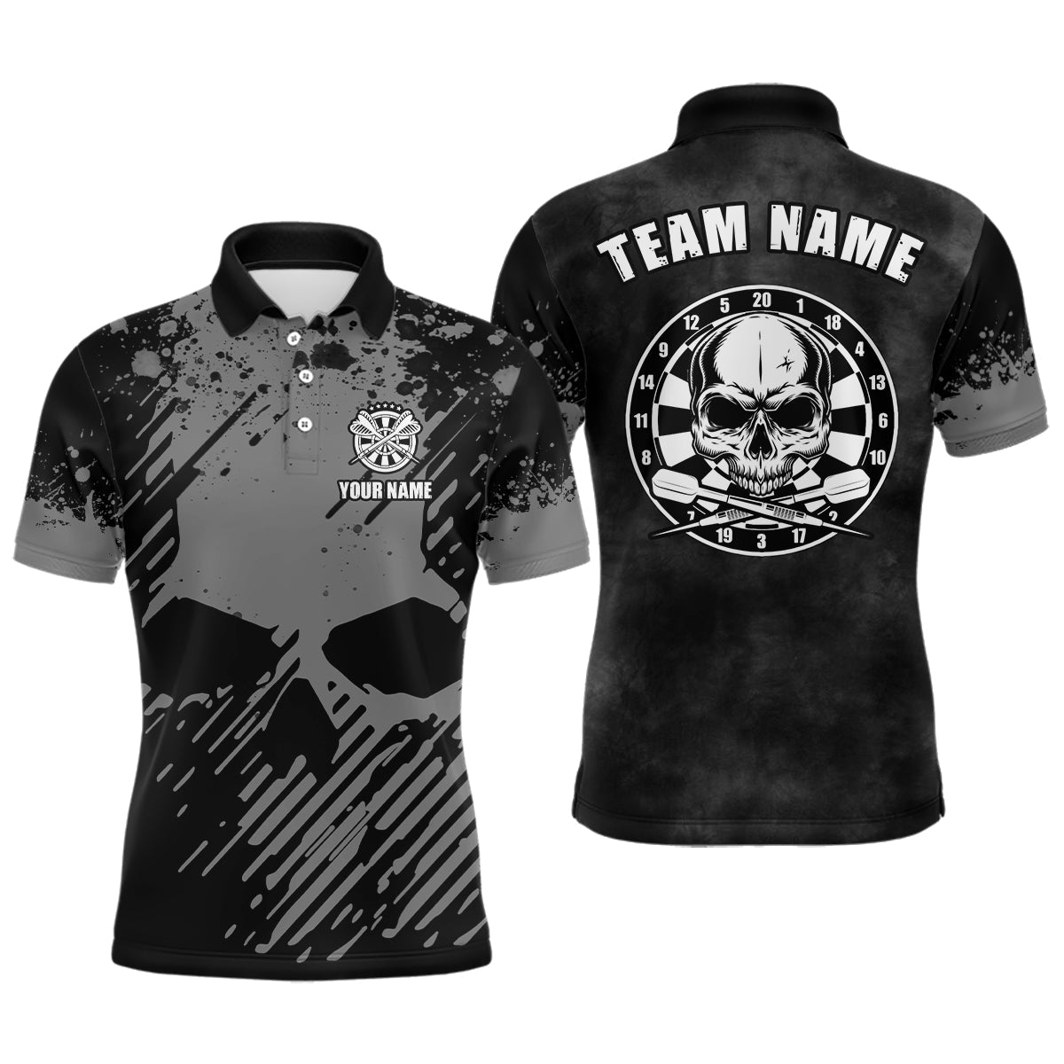 Personalisiertes Herren Darts Polo Shirt in Schwarz-Grau mit Grunge-Effekt, Totenkopf Darts Shirt für Männer, Dart Trikot S67 - Climcat