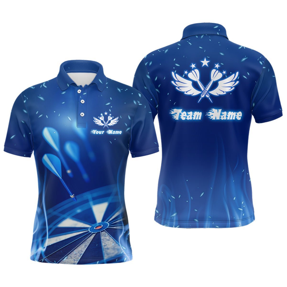 Personalisiertes Herren Darts Polo Shirt mit blauer Feuerflamme und Stern, individuell anpassbares cooles Darttrikot für Männer V481 - Climcat