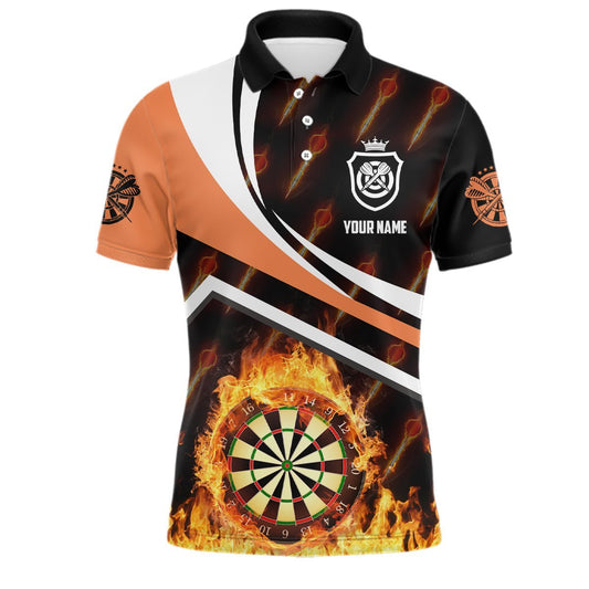 Personalisiertes Herren Darts Polo Shirt mit orangenem Feuerflammen-Motiv, Darts Shirt für Männer, Darts Trikot Z875 - Climcat