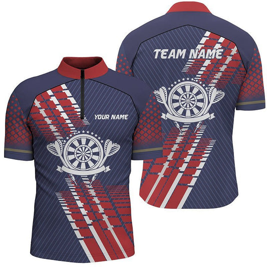 Personalisiertes Herren Darts-Quarter-Zip-Shirt mit geometrischem Muster in Marineblau und Rot, Darts-Trikot U500 - Climcat