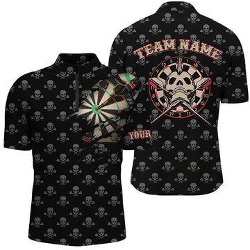 Personalisiertes Herren Darts-Shirt mit Totenkopf-Motiv und gekreuzten Dartpfeilen, gruseliges Dart-Trikot mit 1/4 Zip - H779 zip - Climcat