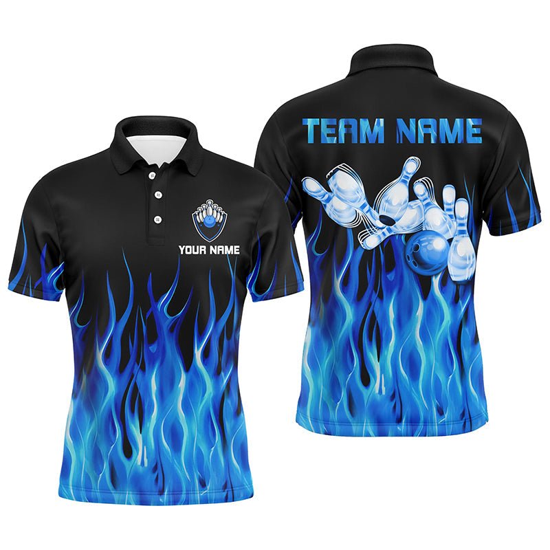 Personalisiertes Herren Polo Bowling Shirt Blaue Flamme Bowlingkugel Pins Bowling Trikots für Männer Bowler Q6982 - Climcat