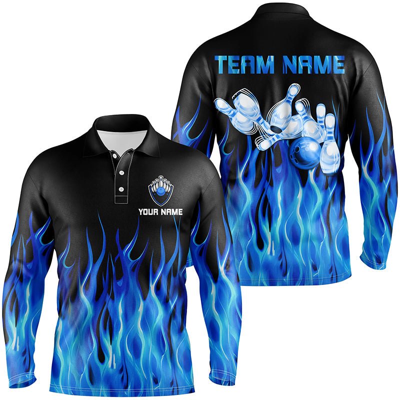 Personalisiertes Herren Polo Bowling Shirt Blaue Flamme Bowlingkugel Pins Bowling Trikots für Männer Bowler Q6982 - Climcat