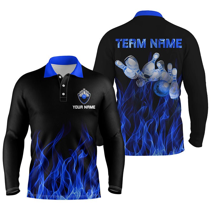 Personalisiertes Herren Polo Bowling Shirt Blaue Flamme Bowlingkugel und Pins Bowling Trikots für Männer Bowler Q5488 - Climcat