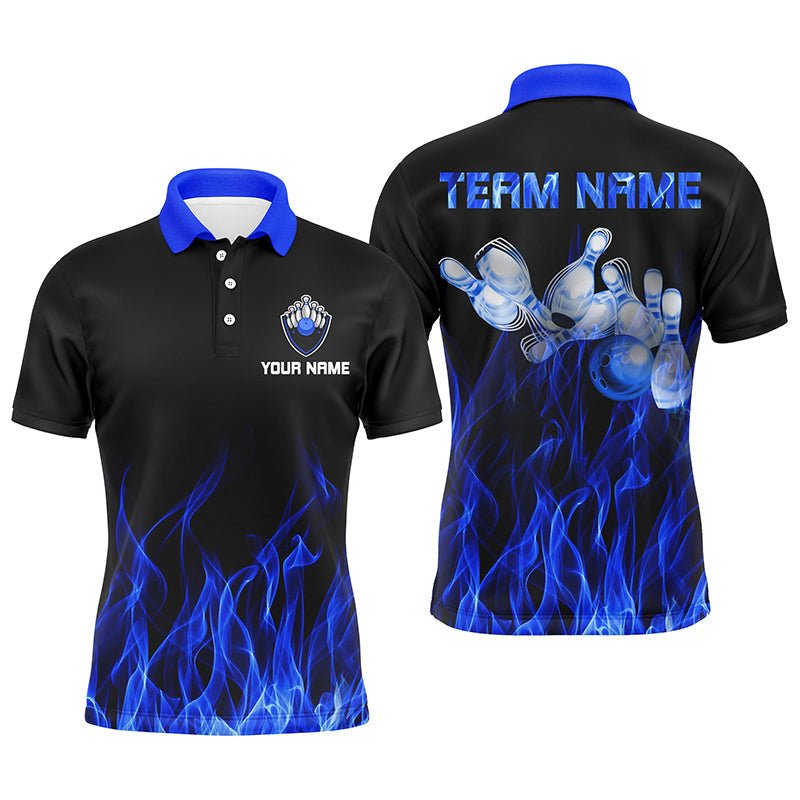 Personalisiertes Herren Polo Bowling Shirt Blaue Flamme Bowlingkugel und Pins Bowling Trikots für Männer Bowler Q5488 - Climcat