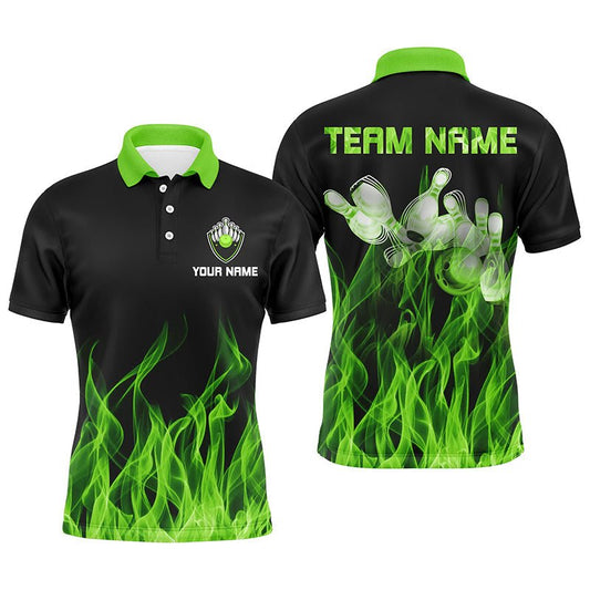 Personalisiertes Herren Polo Bowling Shirt Grün mit Flammen Bowlingkugel und Pins Bowling Trikots für Männer Bowler Q6034 - Climcat