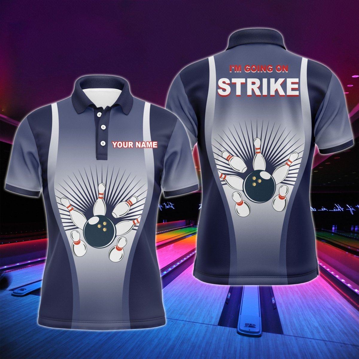Personalisiertes Herren Polo Bowling Shirt "I'm Going on Strike", blaues Team Trikot für Männer Bowler, kurze Ärmel - Climcat