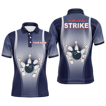 Personalisiertes Herren Polo Bowling Shirt "I'm Going on Strike", blaues Team Trikot für Männer Bowler, kurze Ärmel - Climcat