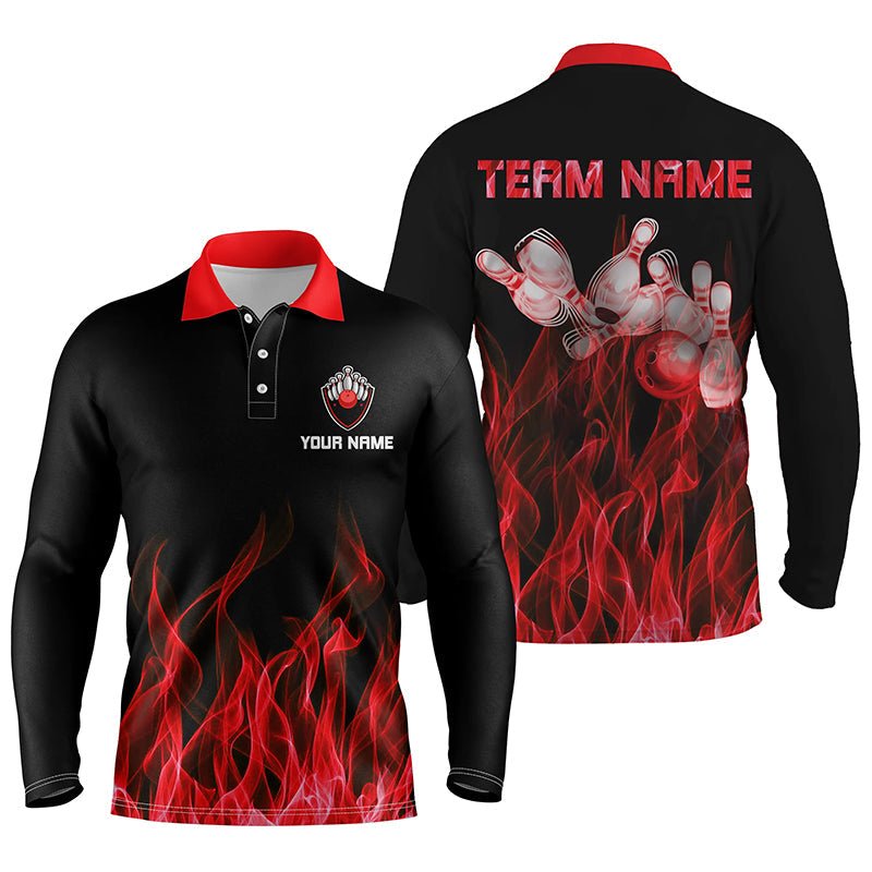 Personalisiertes Herren Polo Bowling Shirt in Rot mit Flammen Bowlingkugel und Pins, Bowling Trikots für Männer Bowler | NQS5488 - Climcat