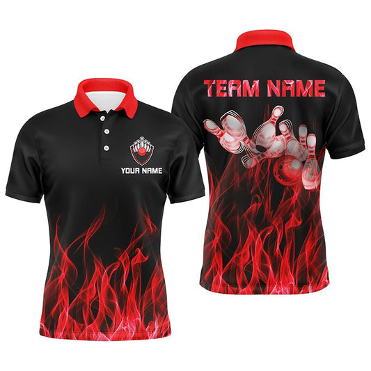Personalisiertes Herren Polo Bowling Shirt in Rot mit Flammen Bowlingkugel und Pins, Bowling Trikots für Männer Bowler | NQS5488 - Climcat