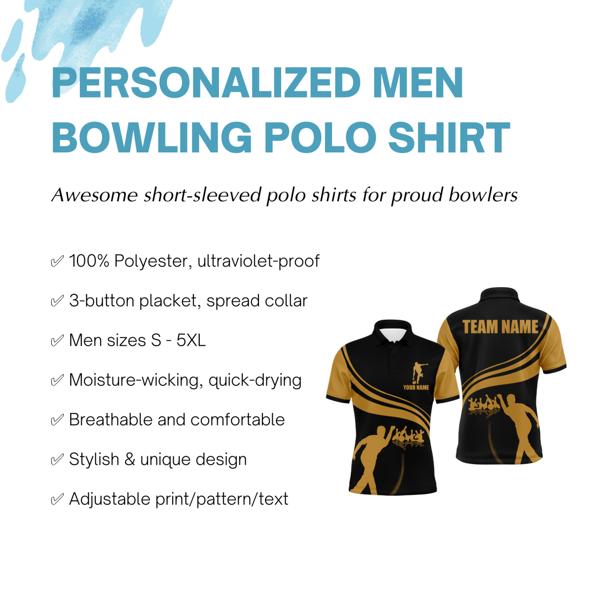 Personalisiertes Herren Polo Bowling Shirt in Schwarz und Gold, individuell anpassbares Team Kurzarm Trikot für Männer Bowler - Climcat