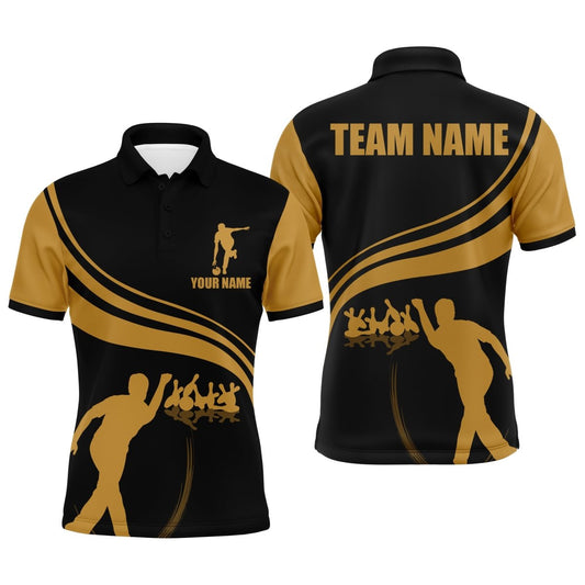 Personalisiertes Herren Polo Bowling Shirt in Schwarz und Gold, individuell anpassbares Team Kurzarm Trikot für Männer Bowler - Climcat