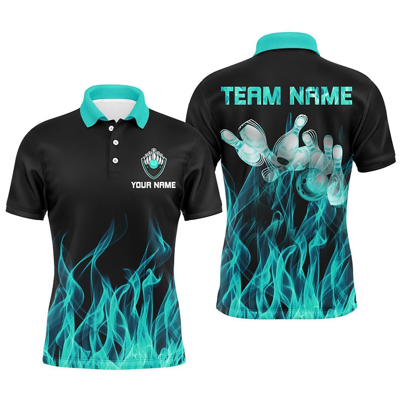 Personalisiertes Herren Polo Bowling Shirt in Türkis mit Flammenmotiv - Bowlingkugeln und Bowlingpins - Bowling Trikots für Männer - Bowler Q6822 - Climcat