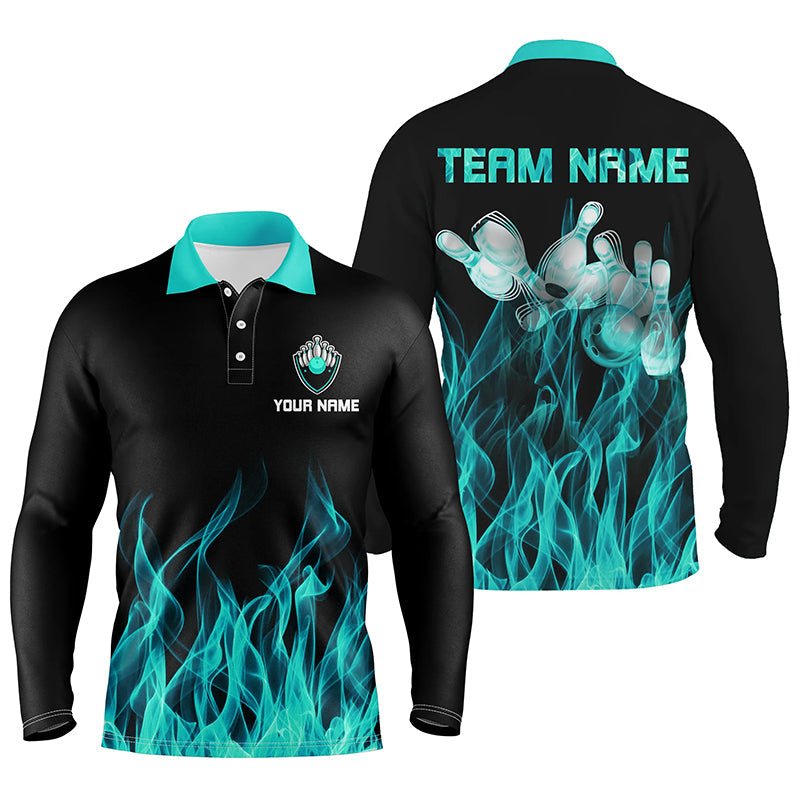 Personalisiertes Herren Polo Bowling Shirt in Türkis mit Flammenmotiv - Bowlingkugeln und Bowlingpins - Bowling Trikots für Männer - Bowler Q6822 - Climcat