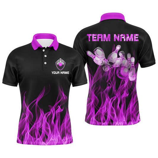 Personalisiertes Herren Polo Bowling Shirt Lila Flamme Bowlingkugel und Pins Bowling Trikots für Männer Bowler Q6035 - Climcat