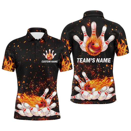 Personalisiertes Herren Polo Bowling Shirt mit Flammenmuster, Team Bowlers Trikot, kurze Ärmel - Climcat