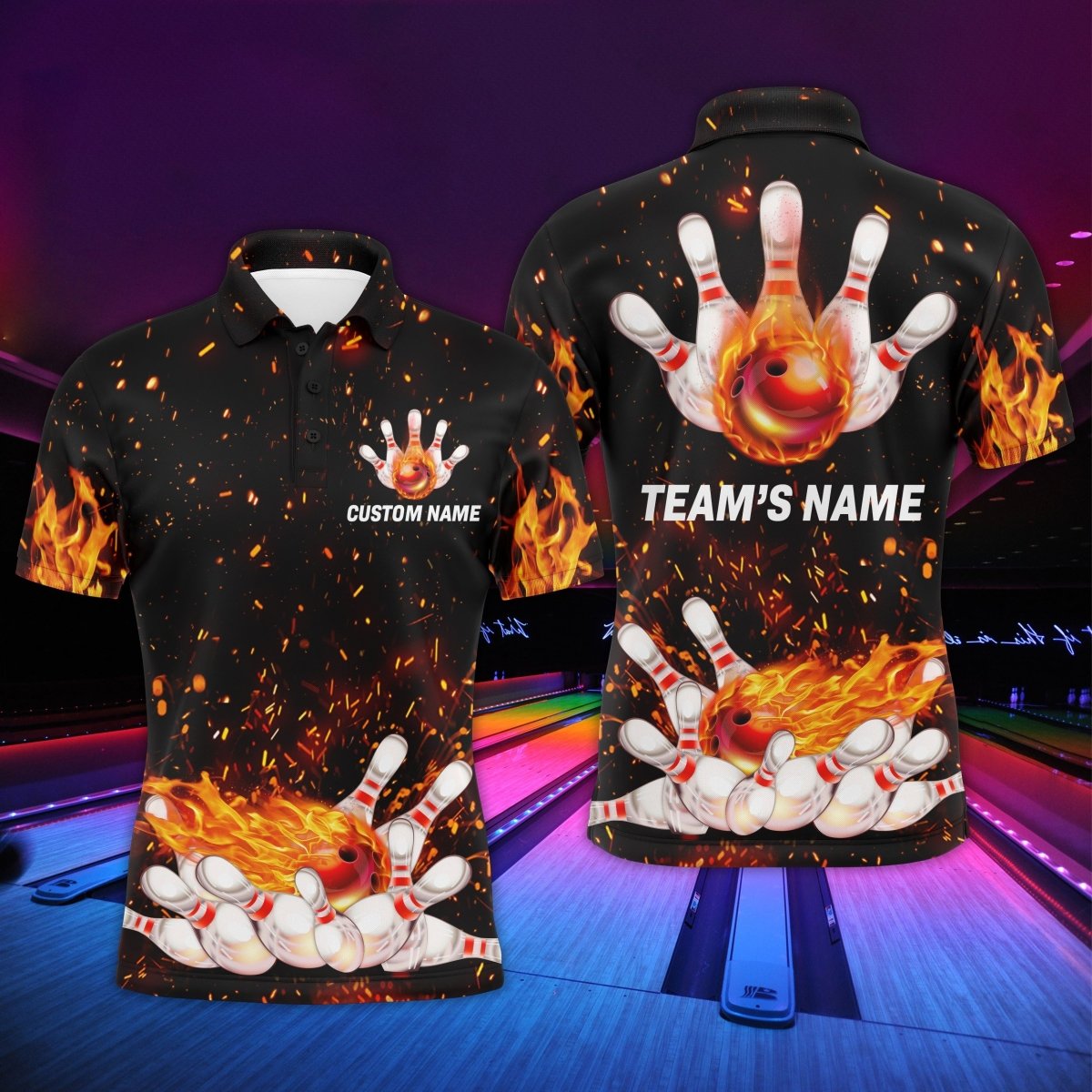 Personalisiertes Herren Polo Bowling Shirt mit Flammenmuster, Team Bowlers Trikot, kurze Ärmel - Climcat