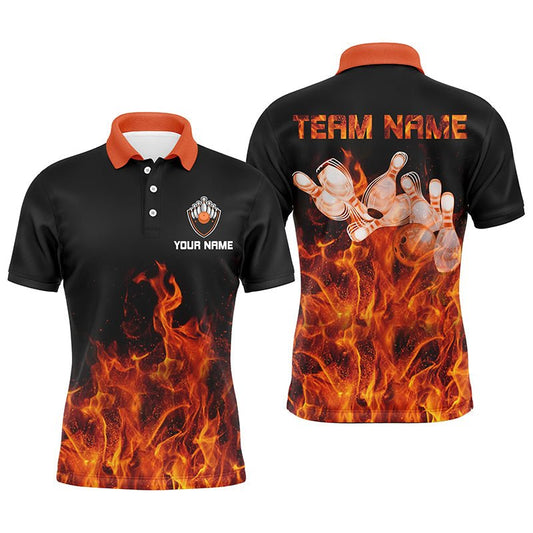 Personalisiertes Herren Polo Bowling Shirt Orange Flame Bowlingkugel und Pins Bowling Trikots für Herren Bowler Q6036 - Climcat