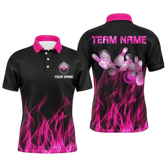 Personalisiertes Herren Polo Bowling Shirt Pink Flame Bowling Ball & Pins Tarnmuster Bowling Trikot für Männer Bowler Q5880 - Climcat