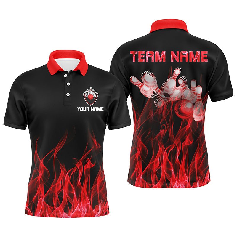 Personalisiertes Herren Polo Bowling Shirt - Rotes Flammen Bowling Ball und Pins - Bowling Trikots für Herren Bowler Q5488 - Climcat