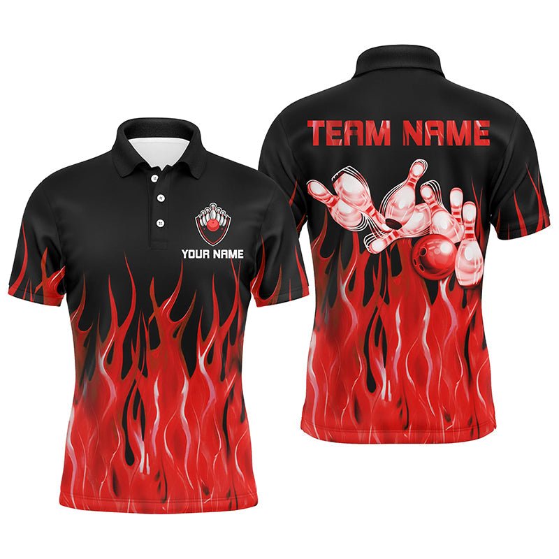 Personalisiertes Herren Polo Bowling Shirt - Rotes Flammen-Design - Bowlingkugeln und Pins - Bowling Trikot für Männer - Bowler Q7052 - Climcat
