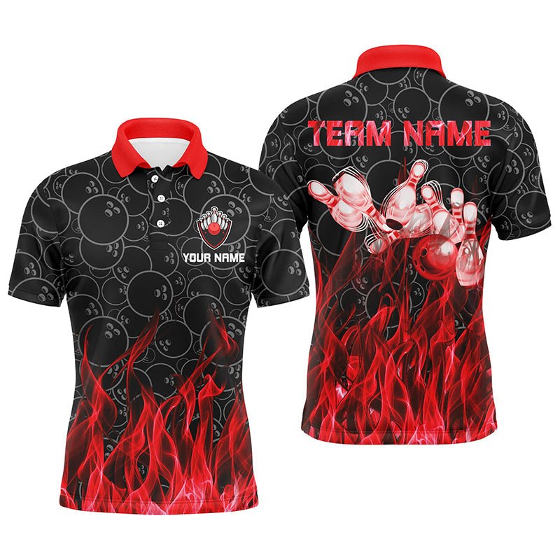 Personalisiertes Herren Polo Bowling Shirt - Rotes Flammenmuster, Bowlingkugel und Pins - Tarnmuster Bowling Trikot für Männer - Bowler Q6739 - Climcat