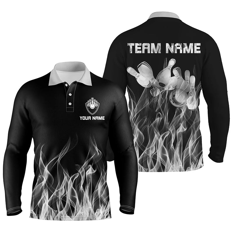 Personalisiertes Herren Polo Bowling Shirt Weiß Flamme Bowlingkugel und Pins Bowling Trikots für Männer Bowler Q6821 - Climcat