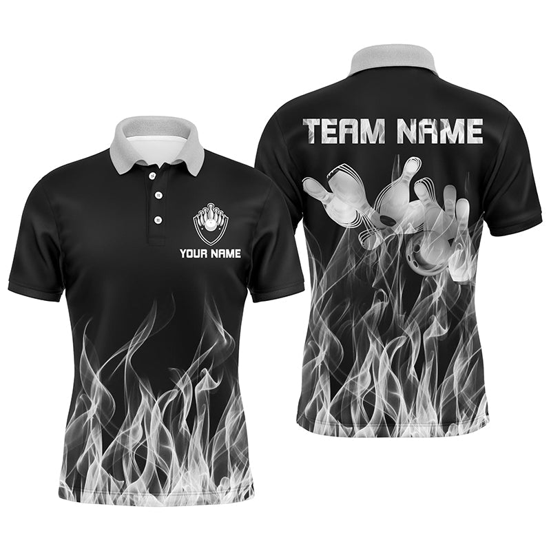 Personalisiertes Herren Polo Bowling Shirt Weiß Flamme Bowlingkugel und Pins Bowling Trikots für Männer Bowler Q6821 - Climcat