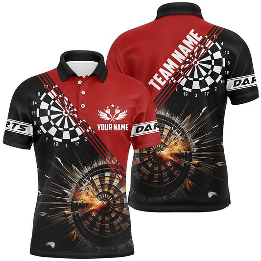 Personalisiertes Herren Polo Shirt mit Dartmotiv in Schwarz und Rot, individuell anpassbares Dart-Trikot für Männer S773 - Climcat