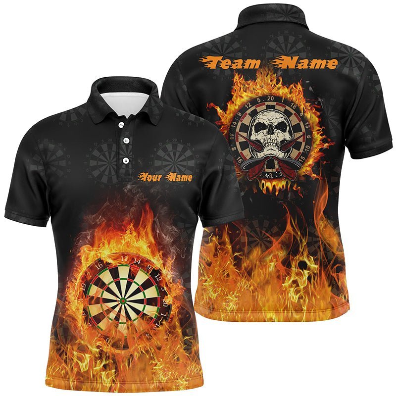 Personalisiertes Herren Polo-Shirt mit Feuerflammen-Schädel, individuell anpassbares gruseliges Dart-Shirt für Männer, coole Dart-Trikots R142 - Climcat