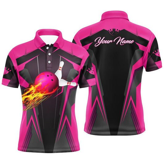 Personalisiertes Herren Polo-Shirt mit Flammen Bowlingkugel Pins, Bowling Trikots für Bowler | Pink Q7014 - Climcat