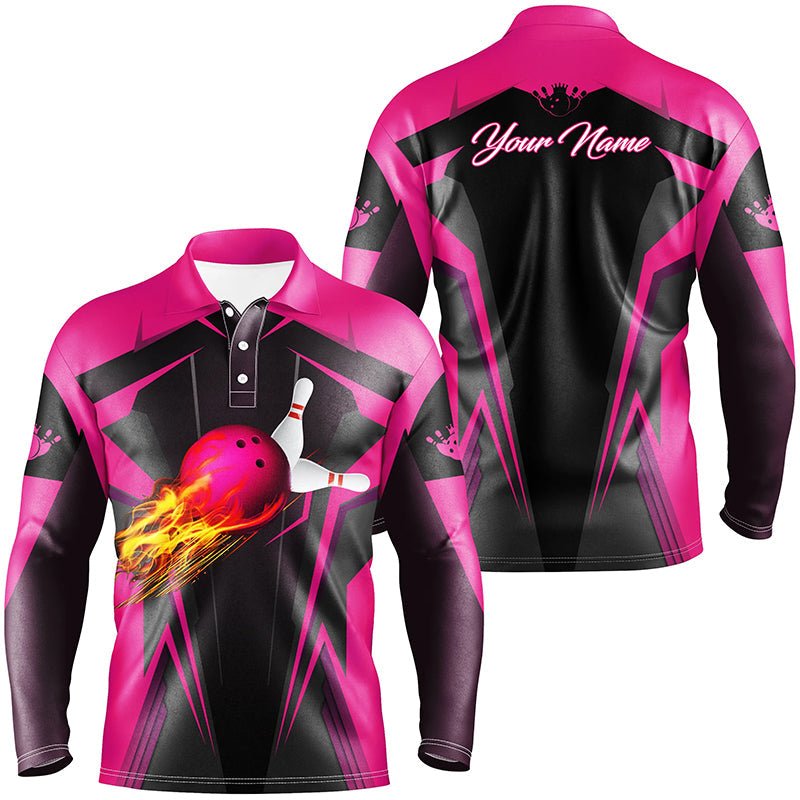 Personalisiertes Herren Polo-Shirt mit Flammen Bowlingkugel Pins, Bowling Trikots für Bowler | Pink Q7014 - Climcat