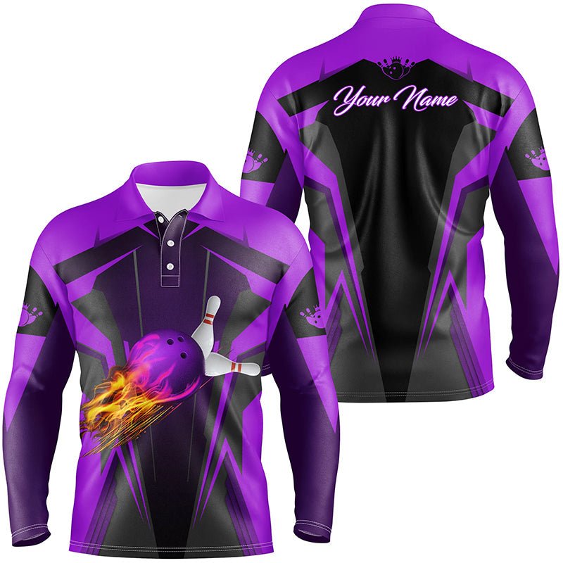 Personalisiertes Herren Polo-Shirt mit Flammen-Bowlingkugeln und Bowling-Pins | Bowlingtrikots für Bowler | Lila Q6440 - Climcat