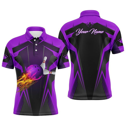 Personalisiertes Herren Polo-Shirt mit Flammen-Bowlingkugeln und Bowling-Pins | Bowlingtrikots für Bowler | Lila Q6440 - Climcat