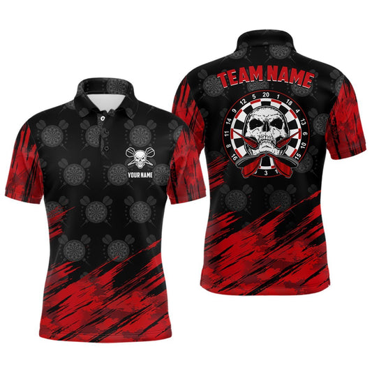 Personalisiertes Herren Polo-Shirt mit Totenkopf-Motiv und Darts, rot-schwarzes Dart-Trikot für Männer R76 - Climcat